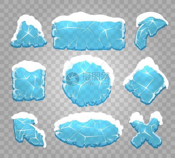冰和雪界面按钮冰晶条钻石玻璃冷冻框矢量图图片