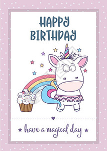 带可爱女婴的快乐生日卡独角兽矢量格式图片