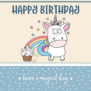 带可爱婴儿独角兽的快乐生日卡矢量格式图片