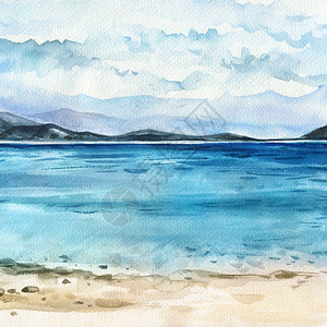 工笔手绘风格故宫游览海洋地貌边滩美丽的水彩手绘图画背景