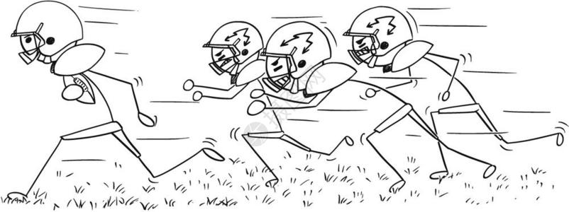 卡通Stickman绘画美国足球运动员与捍卫者追逐的球赛图片