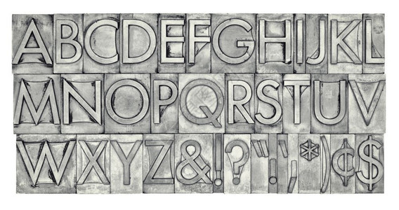 旧金属类型的英文字母美元百分数和标点符号黑白图象图片