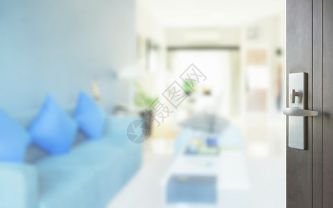 用蓝色沙发打开现代室内客厅的木门图片
