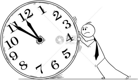 卡通棍棒人绘制了过度劳动的商人推时钟概念插图商业上关于最后期限和加班的概念图片