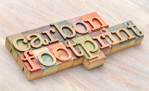 印刷木材型机块中的碳足迹字摘要图片