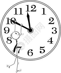 商人和时间的卡通概念棍手描绘商人在时钟悬吊的概念说明企业最后期限和压力的比喻图片