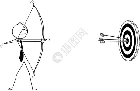 商人与弓箭射向目标的卡通概念棍手绘制成功的商人在目标或影响力上弓箭射向目标或影响力的概念插图中心有三次点击关于动机决心和成功的商图片