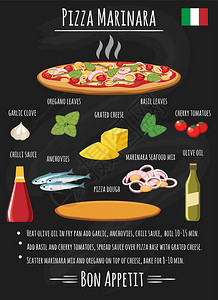 意大利披萨配有凤尾鱼和海鲜鸡酒巴西尔叶和辣椒酱粉红板海报矢量插图图片