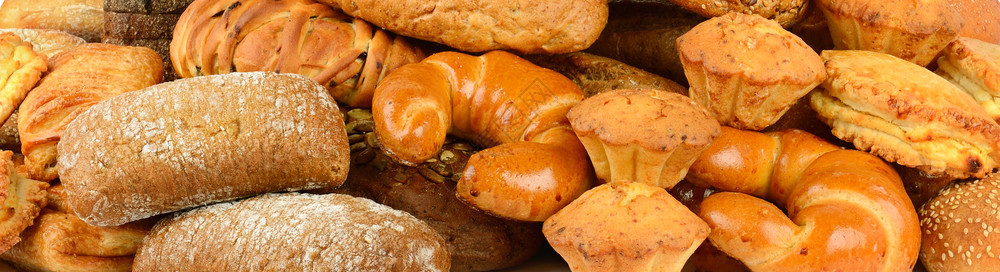 面包产品卷面包谷物松饼ciabatta羊角面包的全景收集图片
