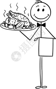 持有银板或与烤鸡土耳其的托盘侍者卡通棍手绘制了用烤鸡或火作为餐者持有银盘或具的侍者概念说明图片