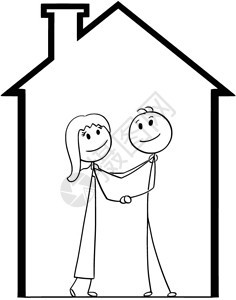 年轻夫妇梦想新房子和家的卡通棍手绘制年轻夫妇梦想新房子和的概念插图财产和抵押的概念图片