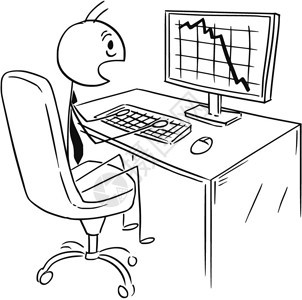 商人漫画受到市场利润或成本图表下跌的冲击卡通棍手绘制了从事计算机工作的商人概念图并被表或压倒利润市场或成本的商业概念图片