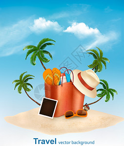 度假概念带棕榈树的海滩照片和沙袋图片