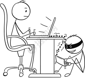 在黑客窃取其数据的同时从事计算机工作的漫画人或商卡通棍手描绘了商人在笔记本电脑上工作而黑客在窃取其数据的概念说明网络和互联安全的图片