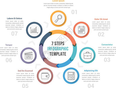 七步环形图圆信息表模板带有七步箭头工作流程进矢量eps10插图图片