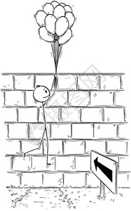 人或商的卡通克服障碍墙持有一堆充气球或卡通棒人描绘了商持有一堆充气球或并飞过墙的概念问题障碍和解决方案的商业概念图片