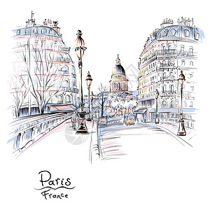 巴黎冬天早上法国矢量手绘画在冬天早上法国巴黎位于的万神殿背景图片
