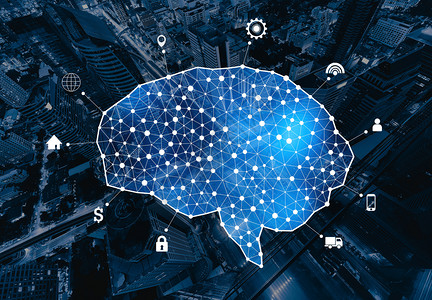 以技术概念人工智能3d插图人类大脑和口资料模板城市背景连接线的形式在城市背景上建立人脑和口资料模板连接线图片