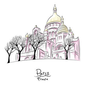 法国巴黎圣心的矢量草图与法国巴黎的圣心教堂一起绘制城市景观的矢量手草图图片