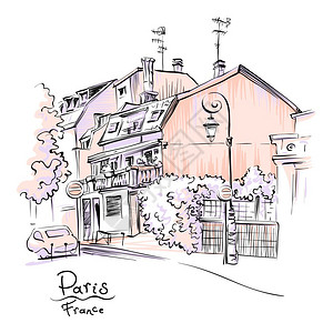 巴黎街法国矢量手绘画有传统房子和法国巴黎图片