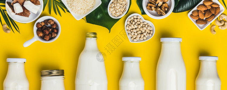 免费乳奶替代饮料和黄色背景的原料平铺Vegan素食清洁饮概念免费奶制品替代饮料和原图片