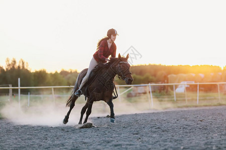 戴头盔的年轻运动员在日落时骑马着头盔的年轻运动员骑着马图片