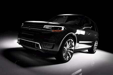 现代黑色SUV车在背景的聚光灯下3D插图奢华汽车图片
