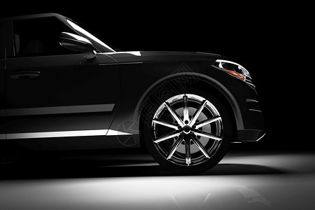 现代黑色SUV车的侧面视图在黑色背景的聚光灯下3D制成奢华汽车现代黑色SUV车的侧面视图在聚光灯下背景图片