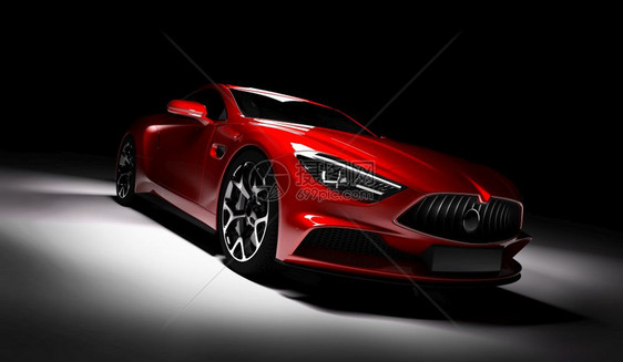 现代红色运动车在黑背景的聚光灯下3D制成豪华汽车图片