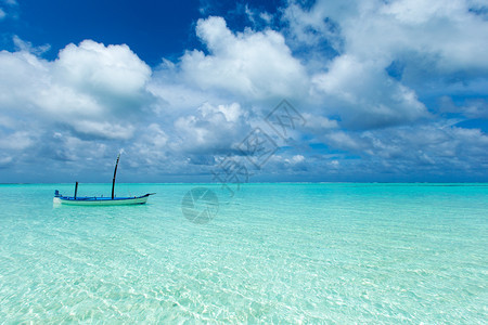 马尔代夫热带海滩棕榈树和蓝环礁湖很少图片