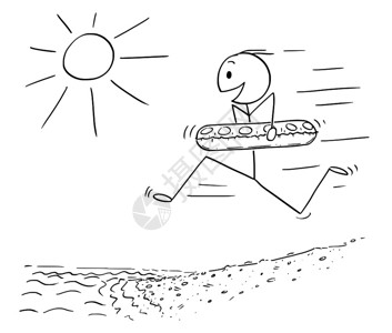 黑白卡通小人拿着游泳圈冲进海里插图图片