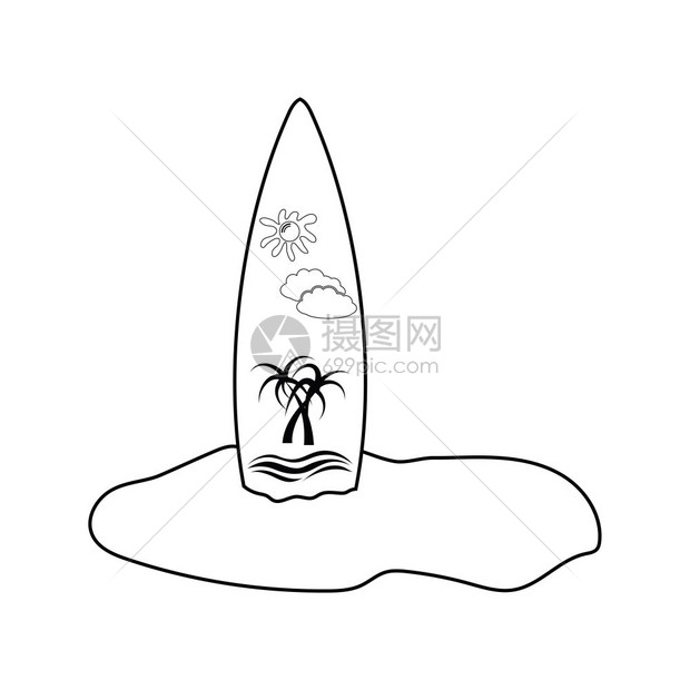 冲浪板的图标插在沙滩上薄线设计矢量图解