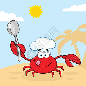 卡通可爱拿勺子的螃蟹厨师插画背景图片