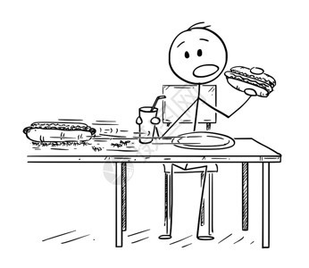 卡通棍描绘人类吃热狗和喝可口乐或碳酸饮料的概念图而蚂蚁正在偷他的第二个热狗图片