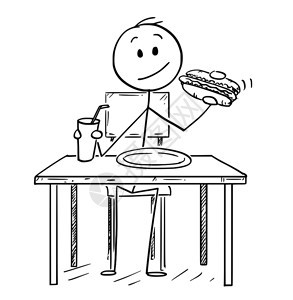 卡通棒绘制男人吃热狗和喝可乐或碳化饮料的概念插图图片