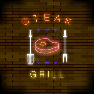 烧烤标志暗砖背景上的牛排GrillNeon有色标志牛排Grill有色标志背景