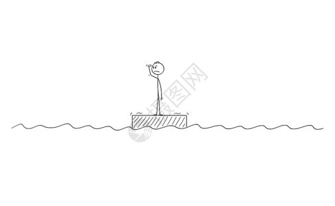 卡通棍在概念上描绘男人或商独自站在海中木筏上或无处寻求改变其状况的希望或选择图片