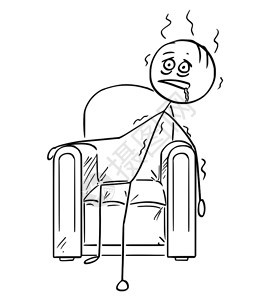 卡通棍绘制了精疲力尽的男子坐在扶椅上倒塌的概念说明背景图片