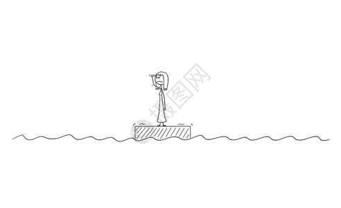 卡通插图说明妇女或商业独自站在海中木筏上或无处寻求改变其状况的希望或选择图片