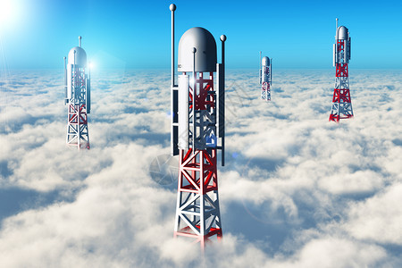 创意抽象无线通信技术商业产概念3D表示在云层上方蓝天的一组电信移动基地站塔图片