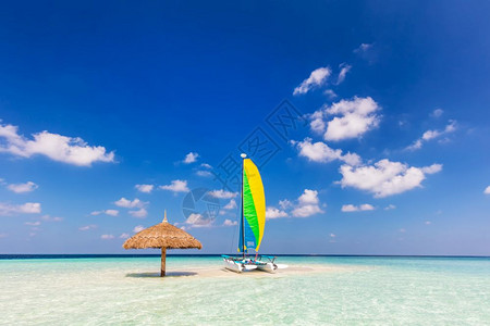 热带沙滩岛加遮阳伞的Catamaran印度洋马尔代夫蓝晴天印度洋图片