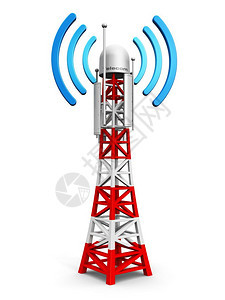 具有创意的抽象数字蜂窝电信技术和无线连接业务概念移动基地站或电视发射机天线柱白底隔离图片
