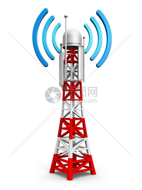 具有创意的抽象数字蜂窝电信技术和无线连接业务概念移动基地站或电视发射机天线柱白底隔离图片