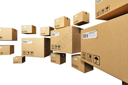 具有创意的抽象航运物流和零售包裹货物交付商业概念一组在白色背景上孤立的装有节水纸板箱包图片