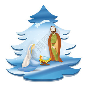 与圣徒家族一起的诞树传生场景玛丽优雅蓝色背景的约瑟夫图片