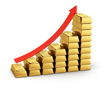 商业成功金融增长和银行业发展概念用白背景孤立的红箭从金块中绘制的条形图图片