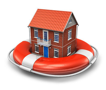 不动产保险概念红色救生带的住宅白背景隔离图片