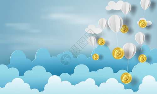 用比特币钱制作的气球纸商业和管理概念思想蓝色的天空云彩传说图片