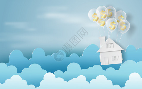 以美元手币制作的气球纸商业和家政金融概念理蓝色天空云彩传说图片