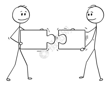 卡通棍棒人绘制两个商持有和连接齐格锯拼图相匹配的概念插团队合作协和解决问题的商业概念图片